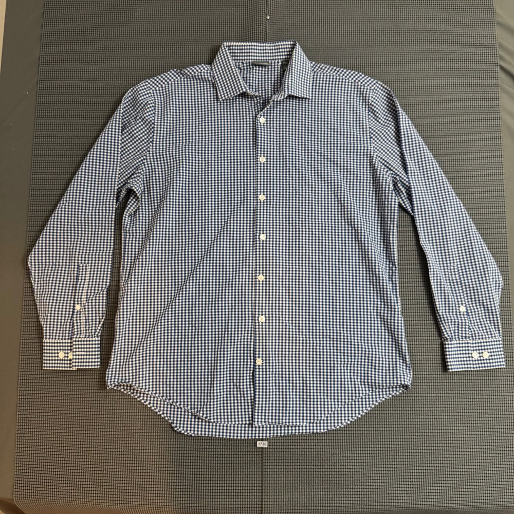 Kenneth Cole Reaction Slim Fit Gingham Dress Shirt Blue White 17 34-35 Stretch